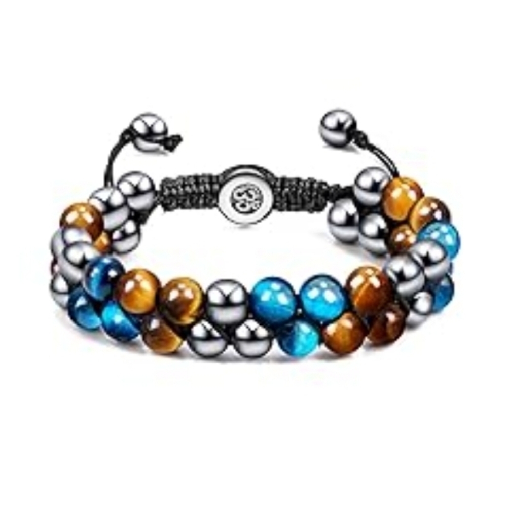 “Blue Cat’s Eye & Tiger’s Eye Beaded Bracelet – Hematite, Adjustable Cord”